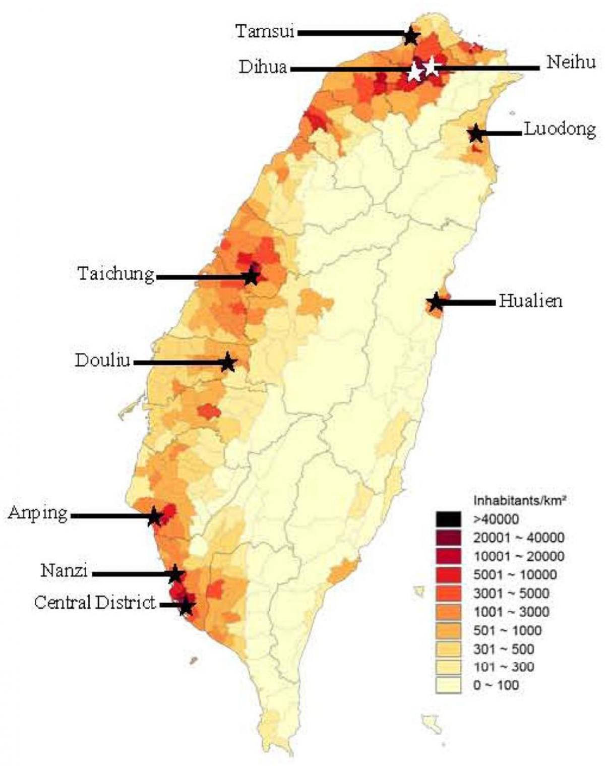 Tchaj-wan hustota obyvatelstva mapě