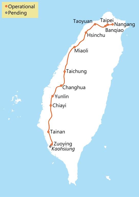 Tchaj-wan vysoké rychlosti železniční mapa trasy