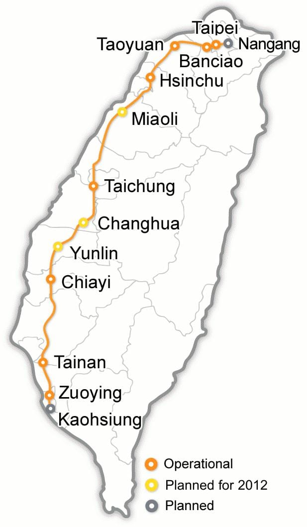 Tchaj-wan bullet train mapě